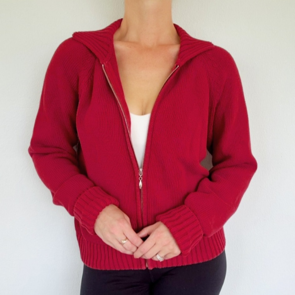 Vintage Jeanne Pierre red cotton full zip collared cardigan sweater size medium